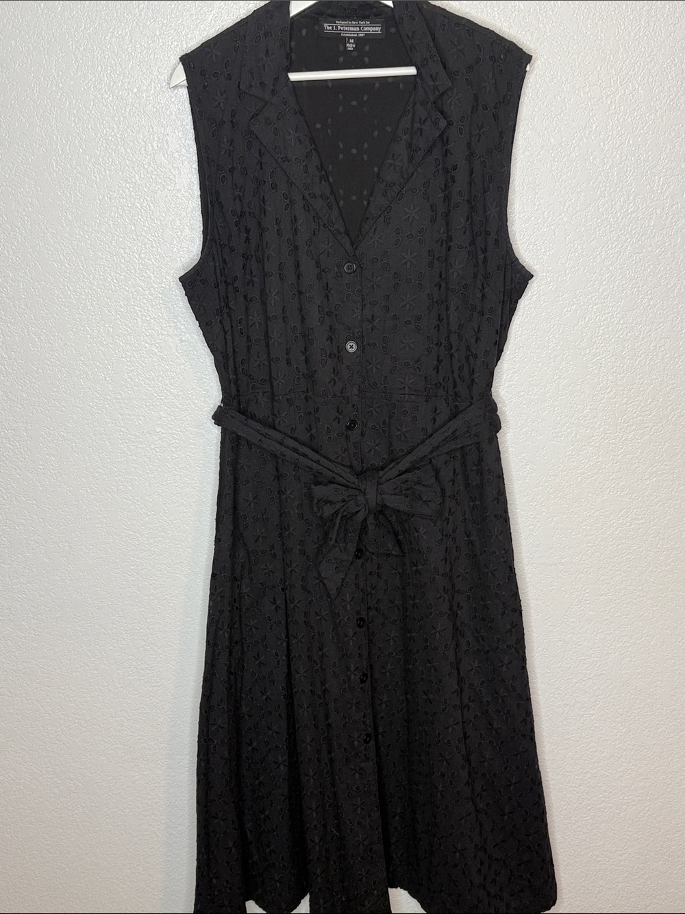 J. Peterman Black Eyelet Midi Button Down Shirt Dress With Tie Size 14 Classic